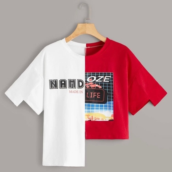 Letter Graphic Spliced Asymmetric Hem 